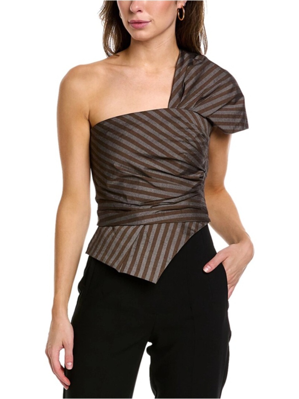 Tory Burch Asymmetrical One-Shoulder Wrap Top in Brown and Black